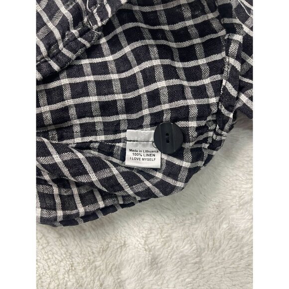 Flax Linen Long Sleeve Button Down Shirt Womens Small Plaid Black White - Picture 5 of 8